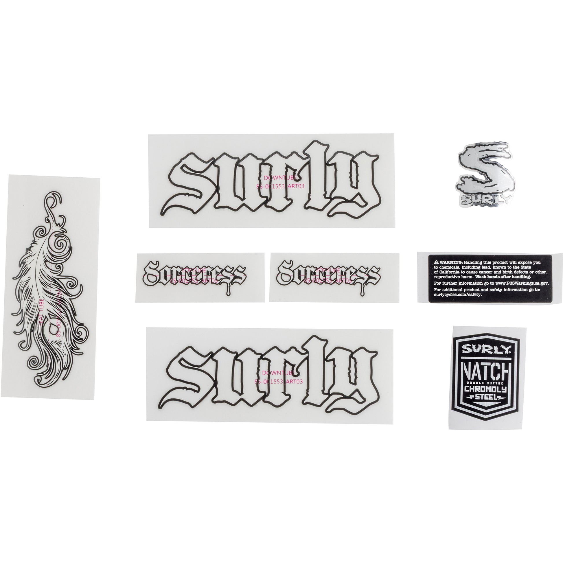 Collection of 'Surry' and 'Sorceress' branded white decals on a white background