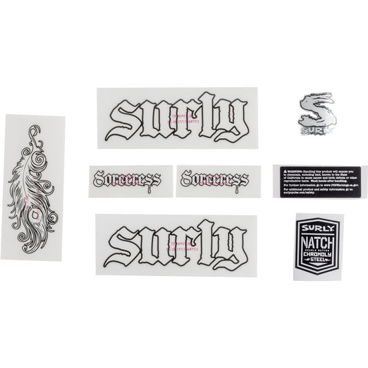 Collection of 'Surry' and 'Sorceress' branded white decals on a white background