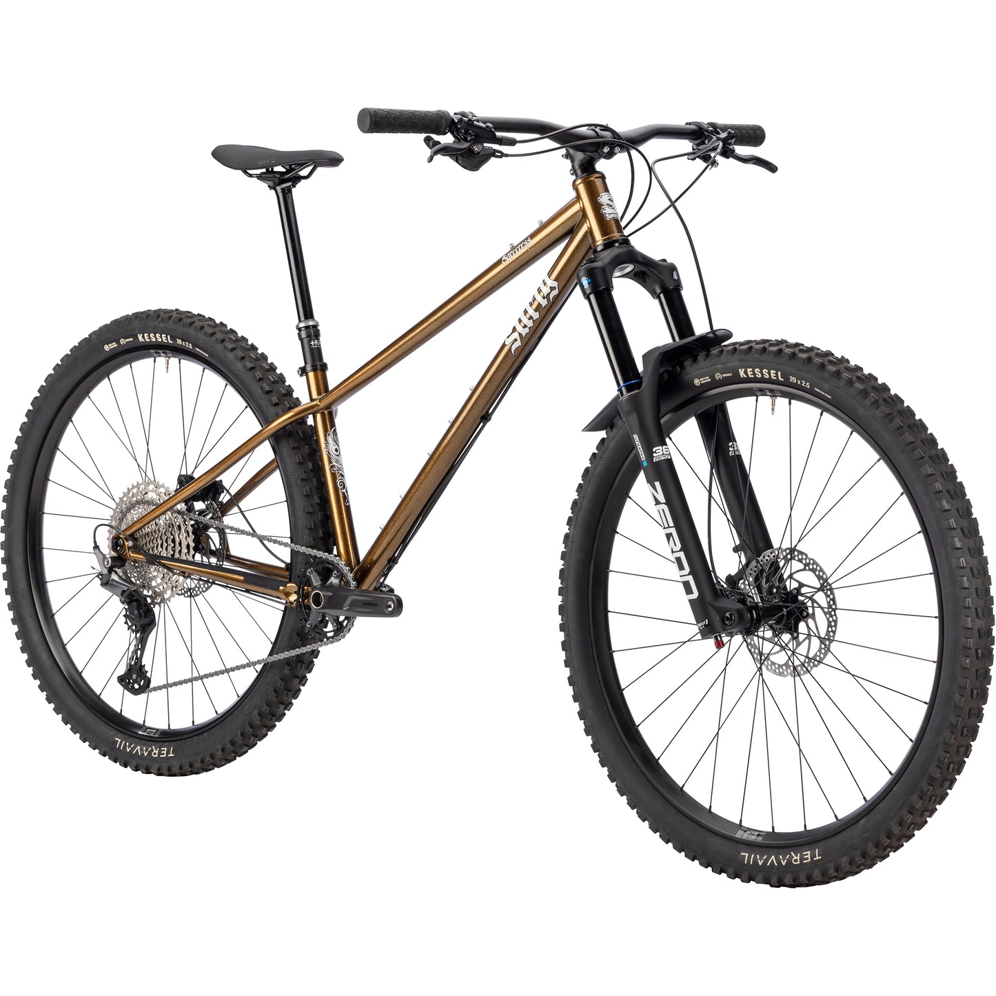 Surly Sorceress Deore 12 Bike front three-quarter view in gold color on white background