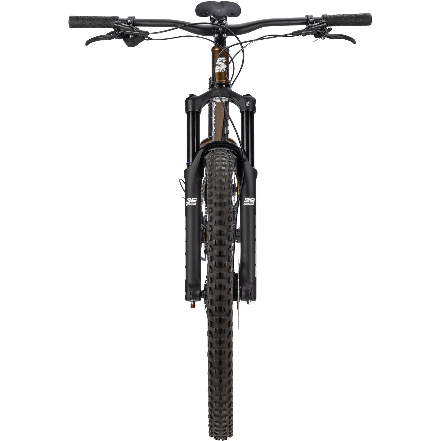 Surly Sorceress Deore 12 Bike straight-on front view in gold color on white background