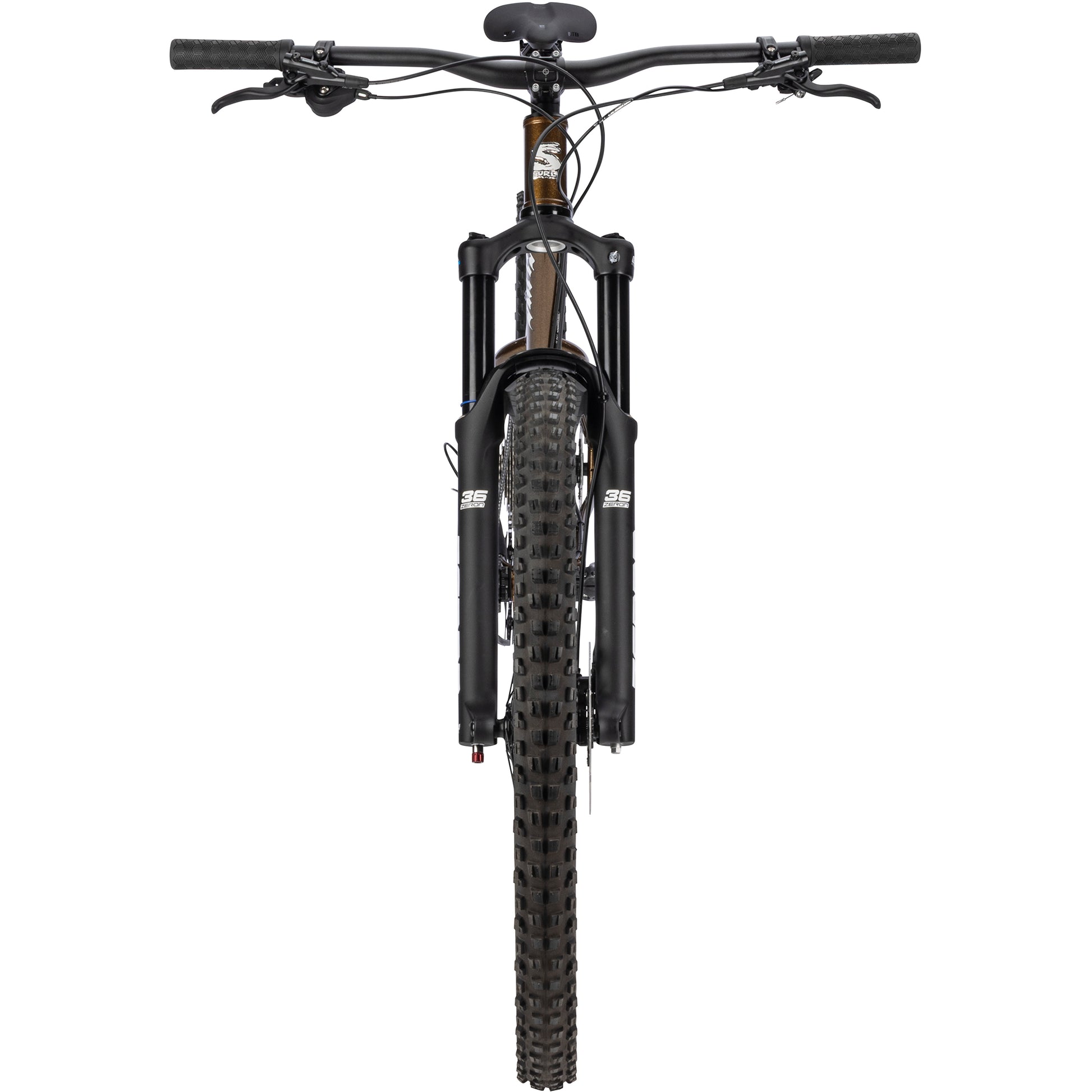 Surly Sorceress Deore 12 Bike straight-on front view in gold color on white background