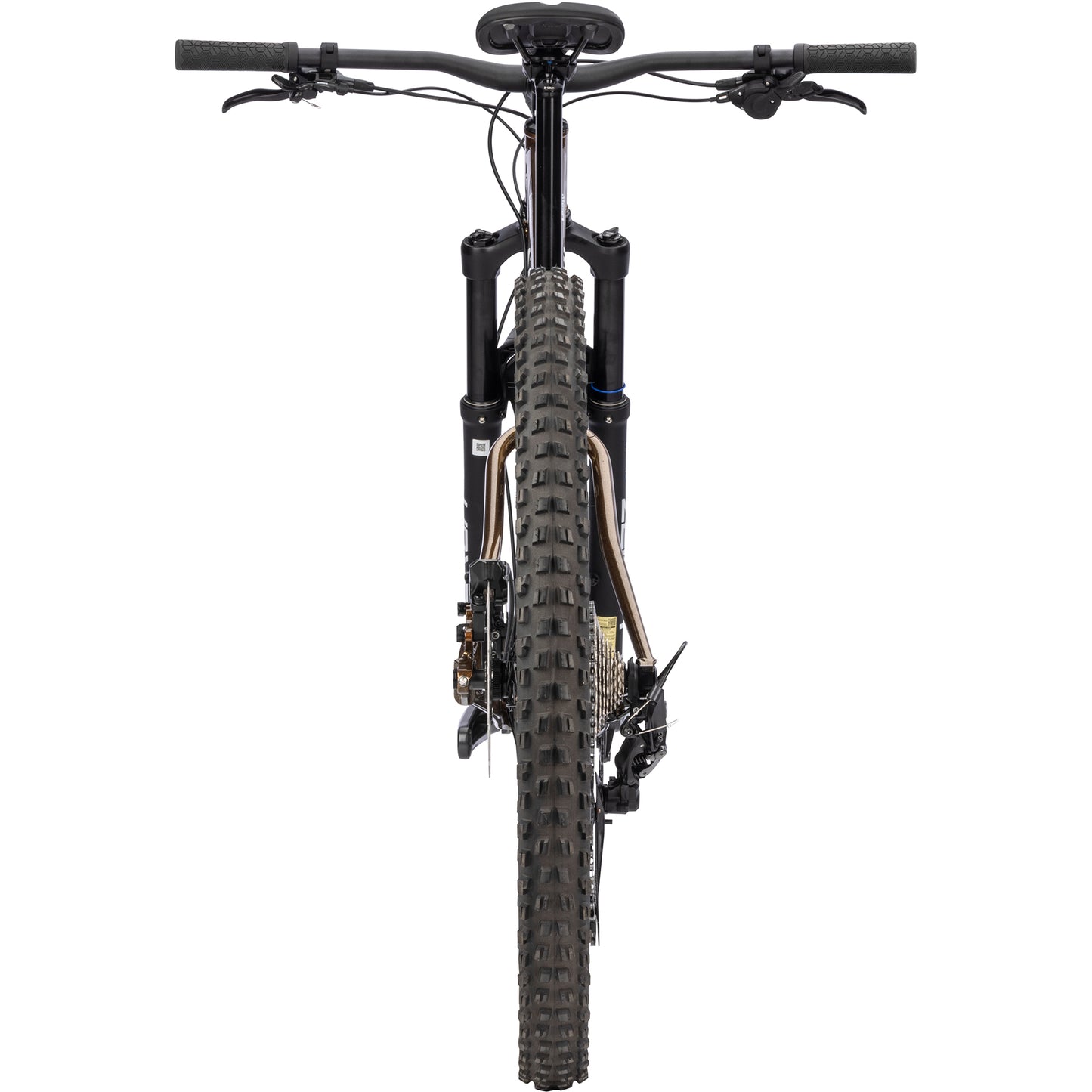 Surly Sorceress Deore 12 Bike straight-on rear view in gold color on white background