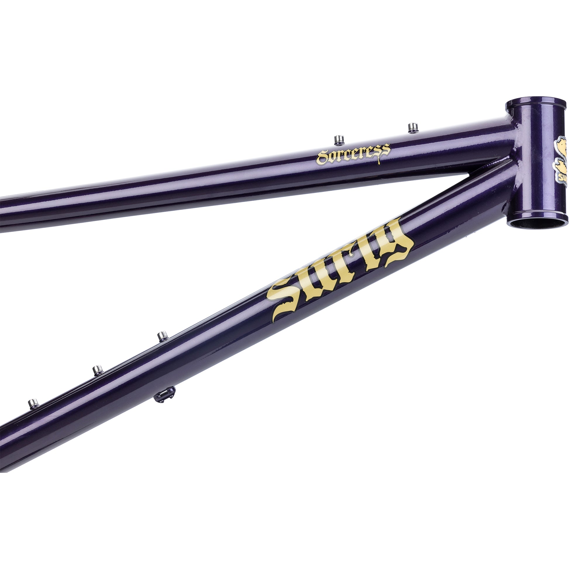 Surly Sorceress Frame focus on head tube area on white background