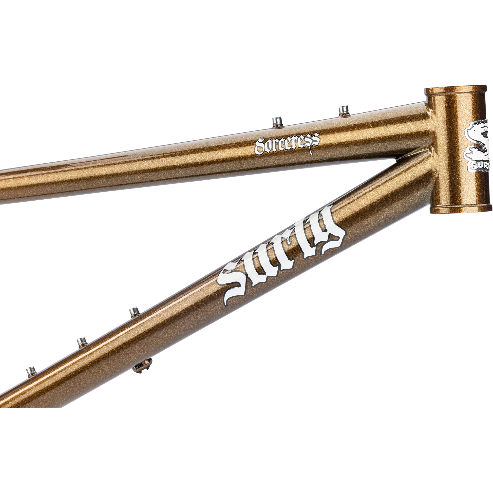 Surly Sorceress frame gold color head tube area focus on white background