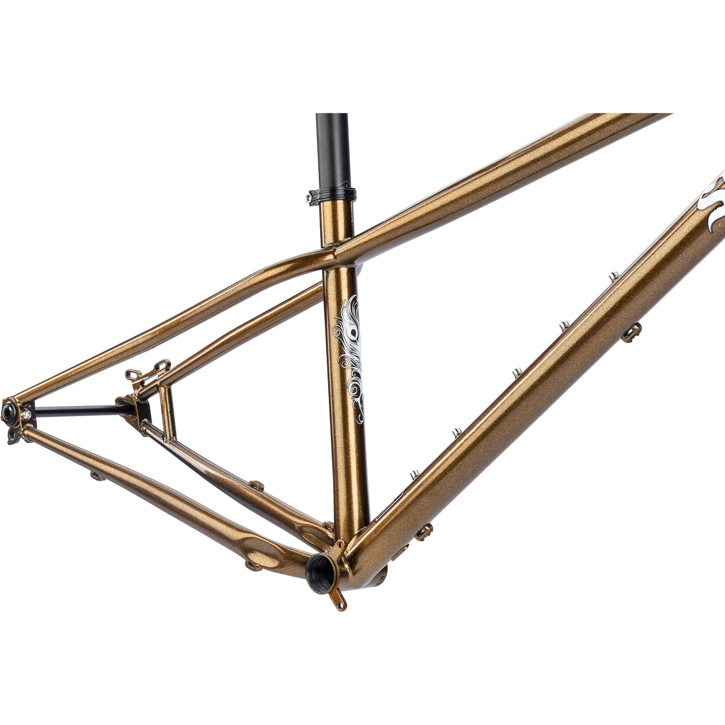 Surly Sorceress frame gold color seat tube area focus on white background