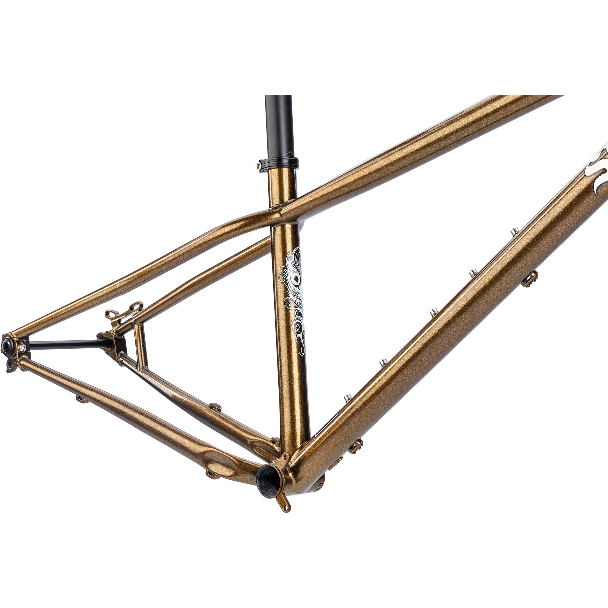 Surly Sorceress frame gold color seat tube area focus on white background