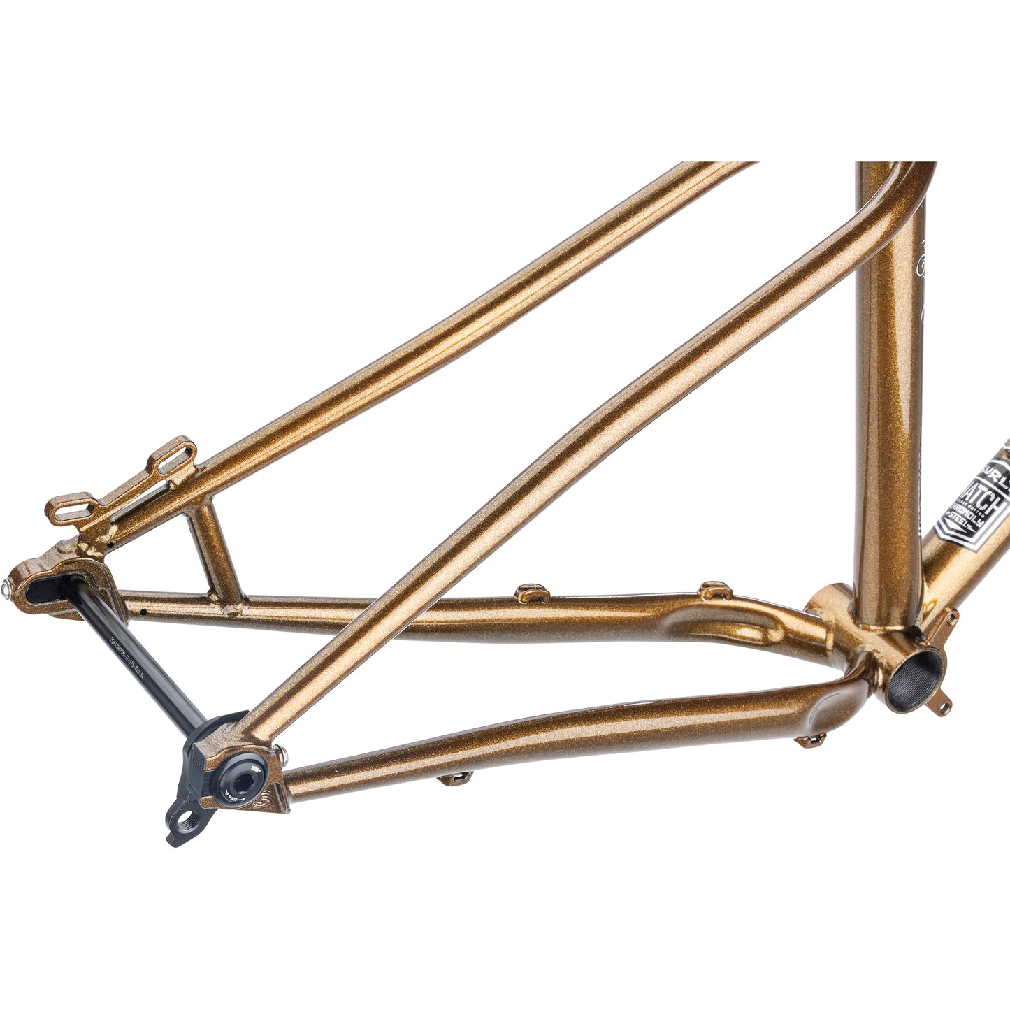 Surly Sorceress frame gold color rear dropout area focus on white background