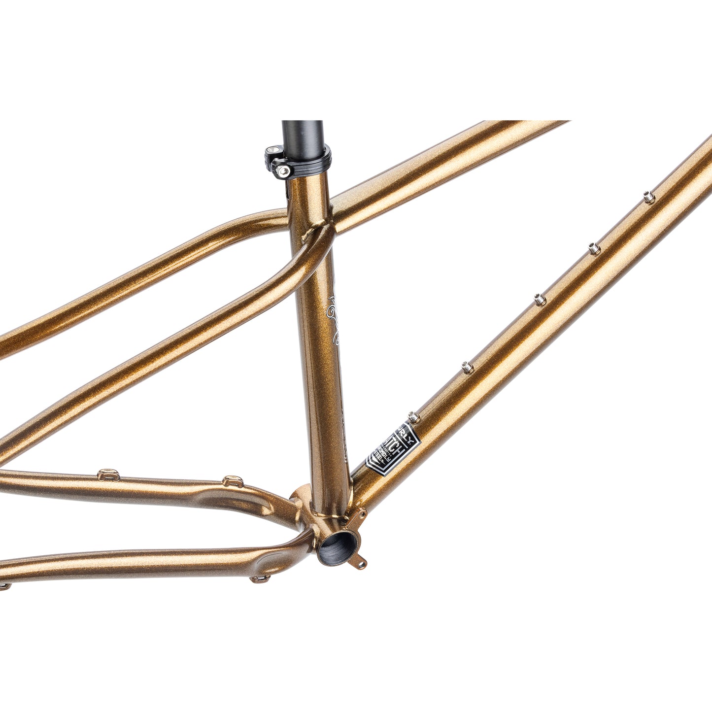Surly Sorceress frame gold color bottom bracket area focus on white background