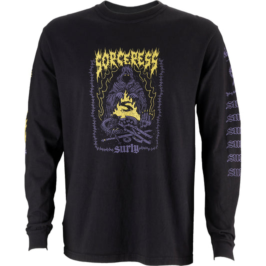 Black long-sleeve shirt with graphic design on a white background