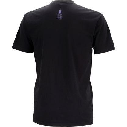 Black t-shirt with a logo on the back against a white background