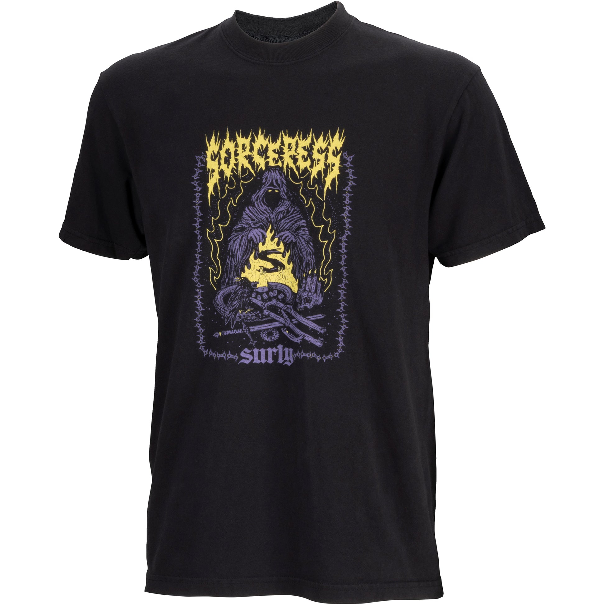 Black t-shirt with a graphic design featuring a shark and text on a white background