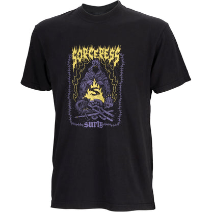 Black t-shirt with a graphic design featuring a shark and text on a white background