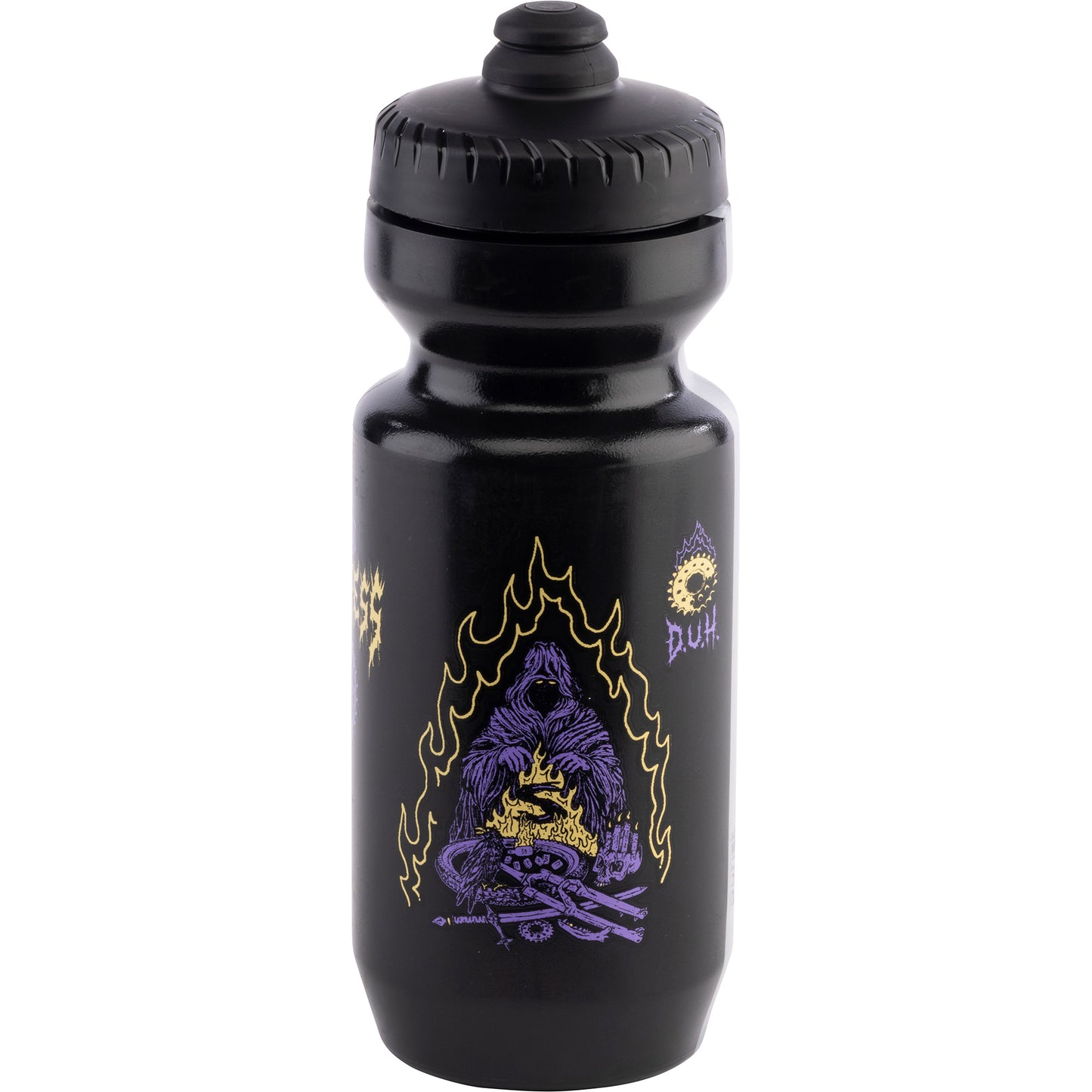 Black water bottle with purple and yellow design on a white background