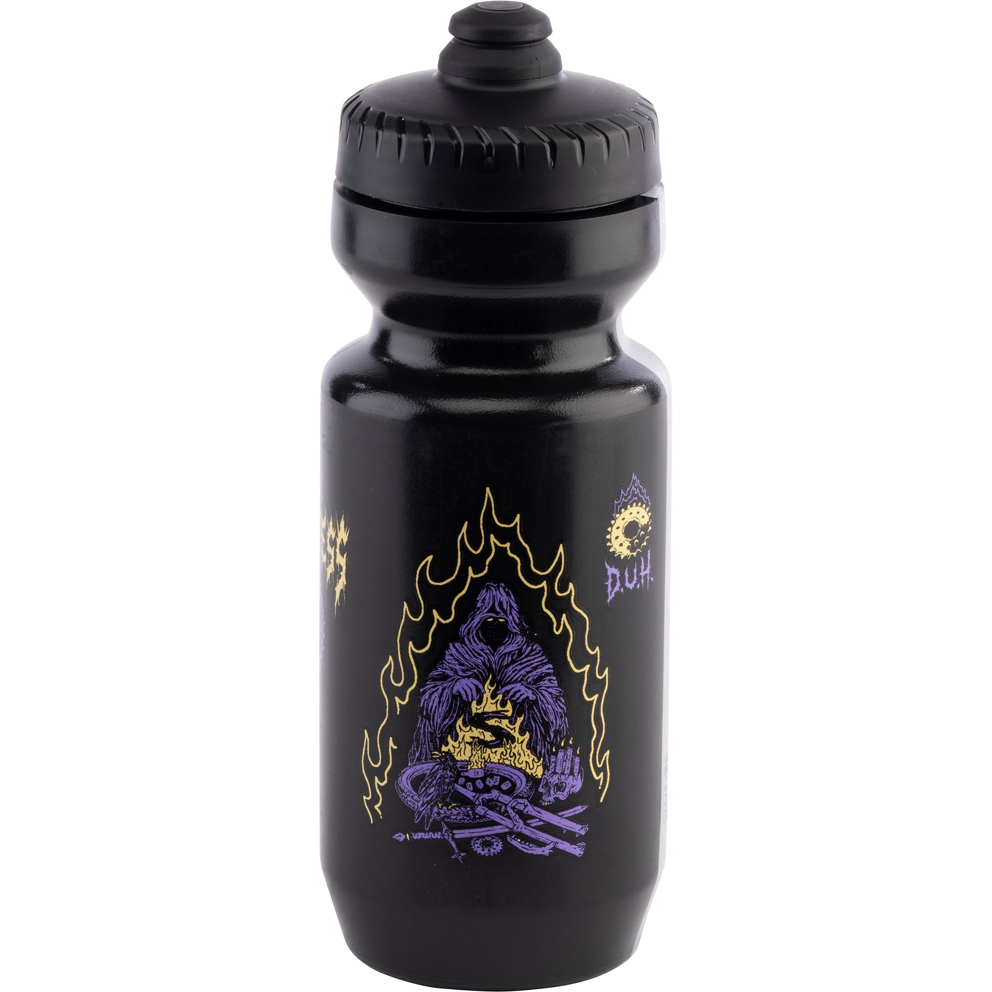 Black water bottle with purple and yellow design on a white background