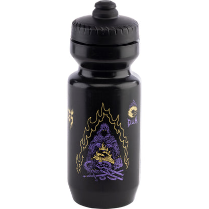 Black water bottle with purple and yellow design on a white background