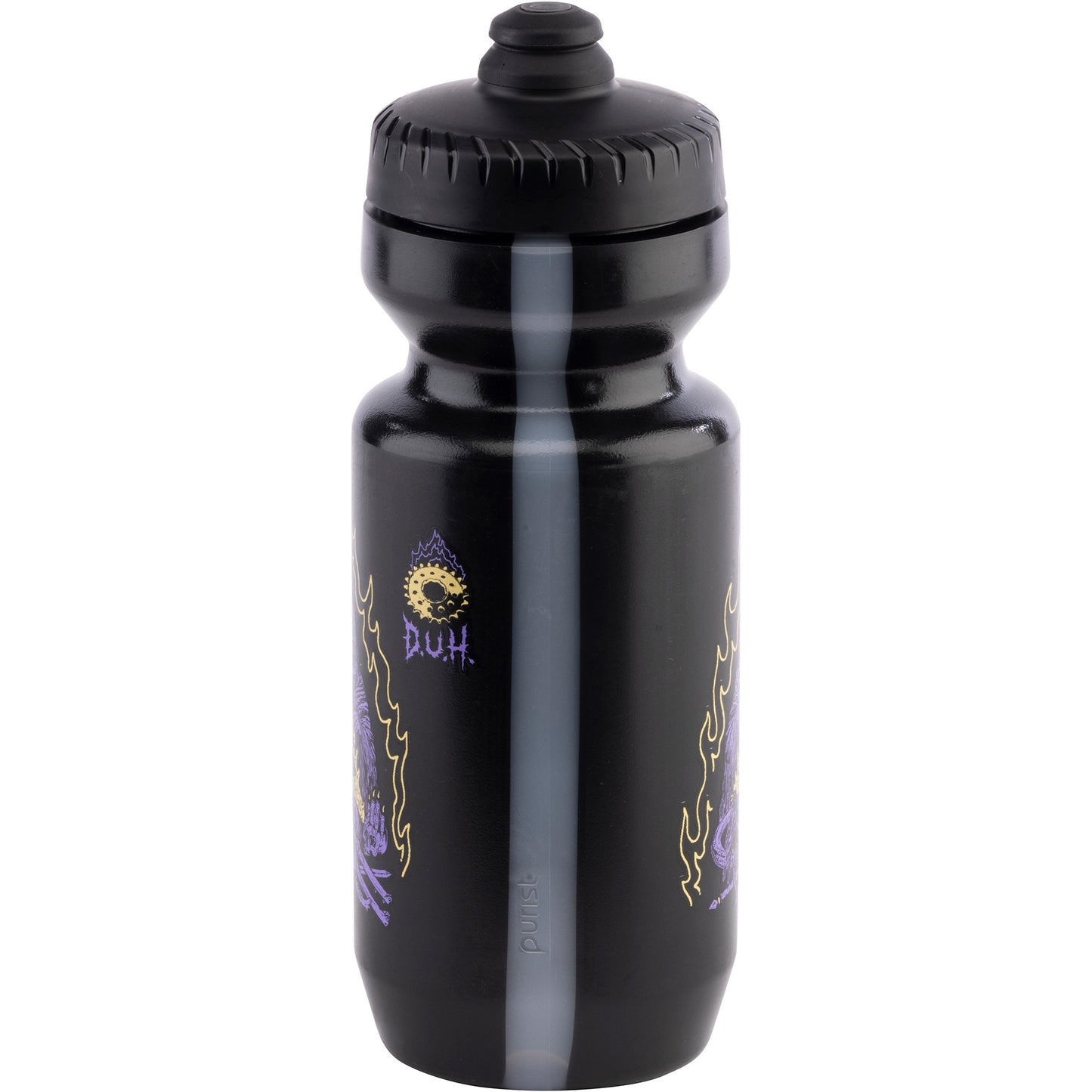 Black water bottle with purple designs and text on a white background