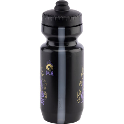 Black water bottle with purple designs and text on a white background