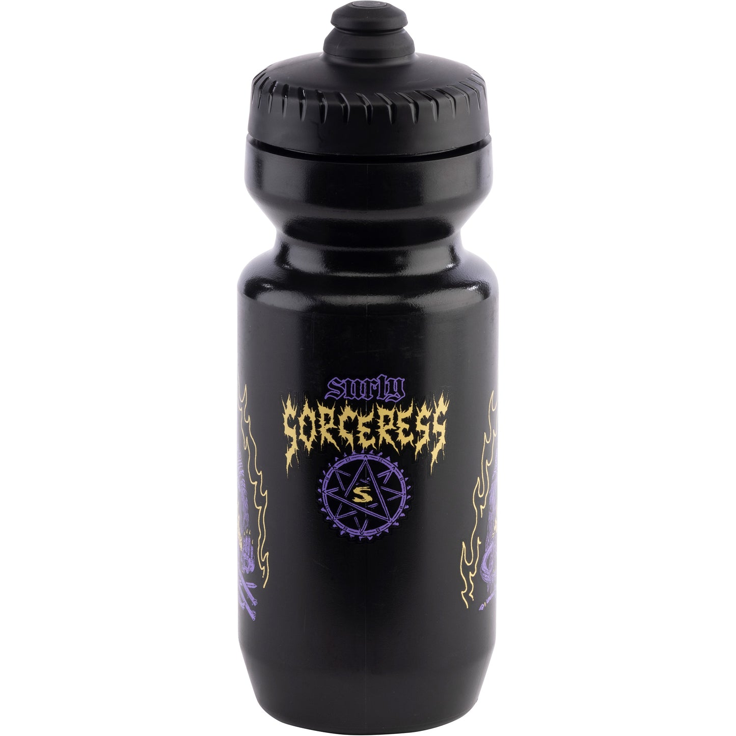 Black water bottle with 'Surly Sorceress' branding on a white background