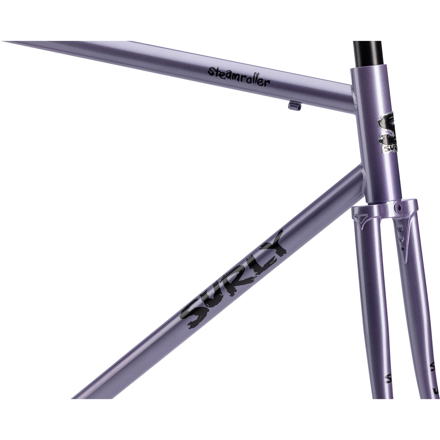 Purple bicycle frame with 'Surly' branding on a white background