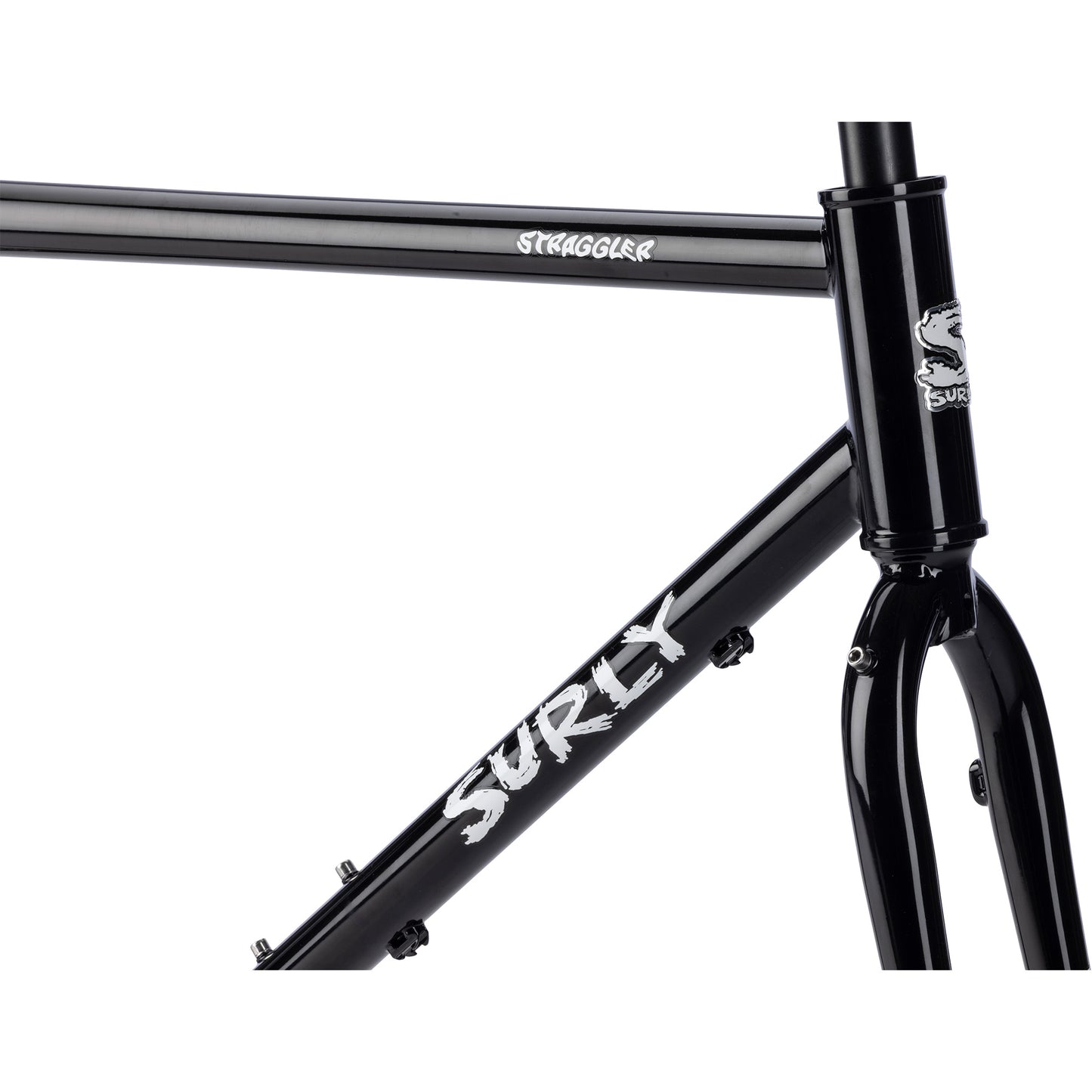 Black bicycle frame with 'Surly' branding on a white background