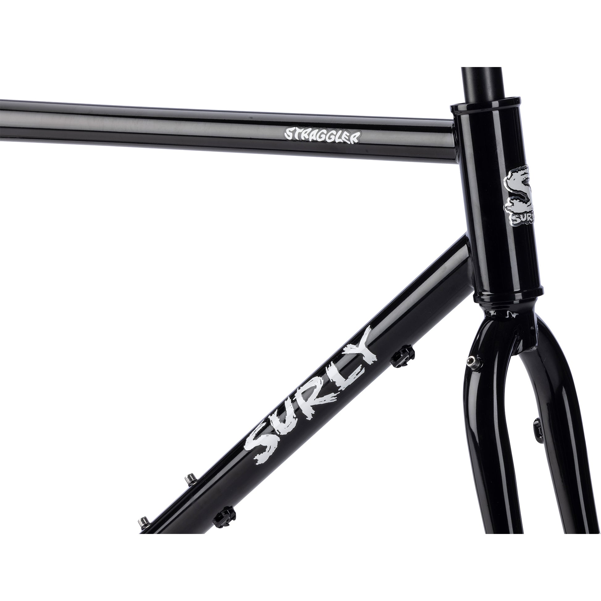 Black bicycle frame with 'Surly' branding on a white background