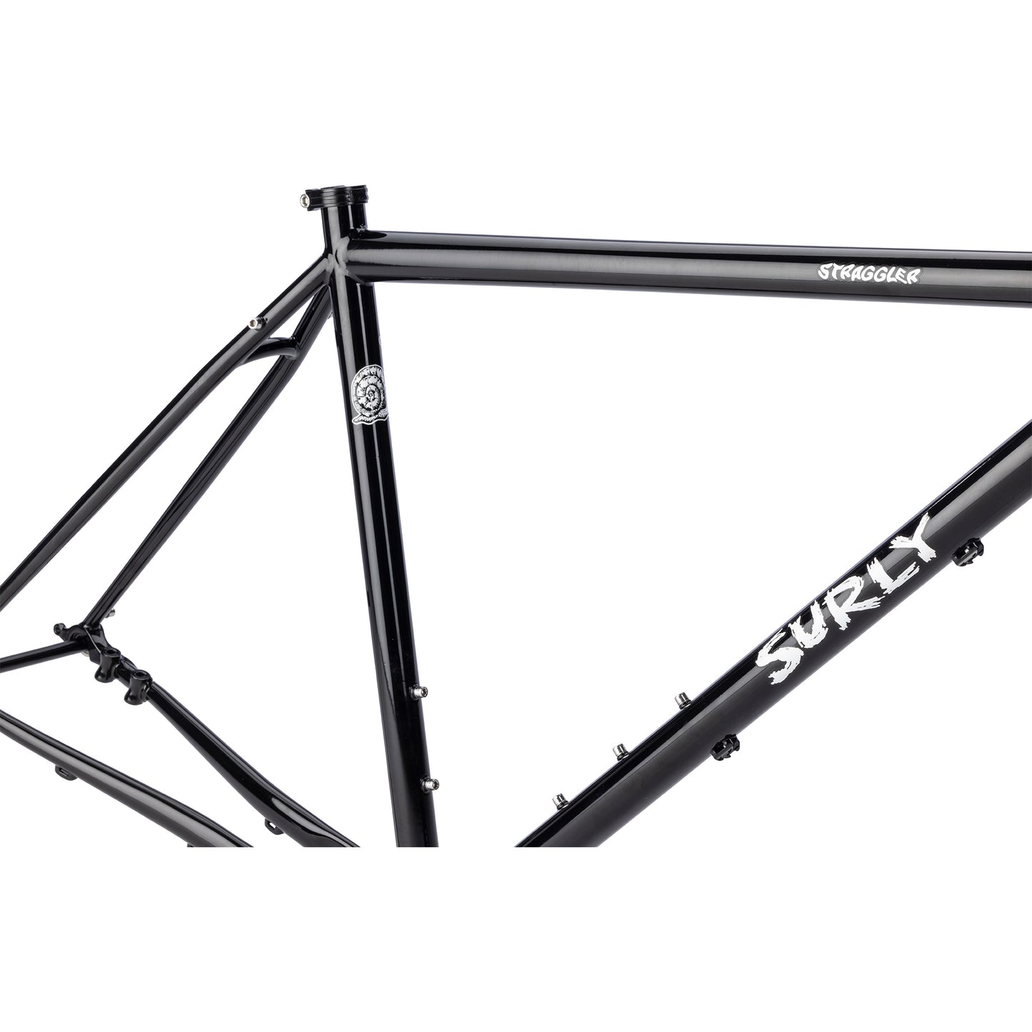 Black bicycle frame with 'SURLY' branding on a white background