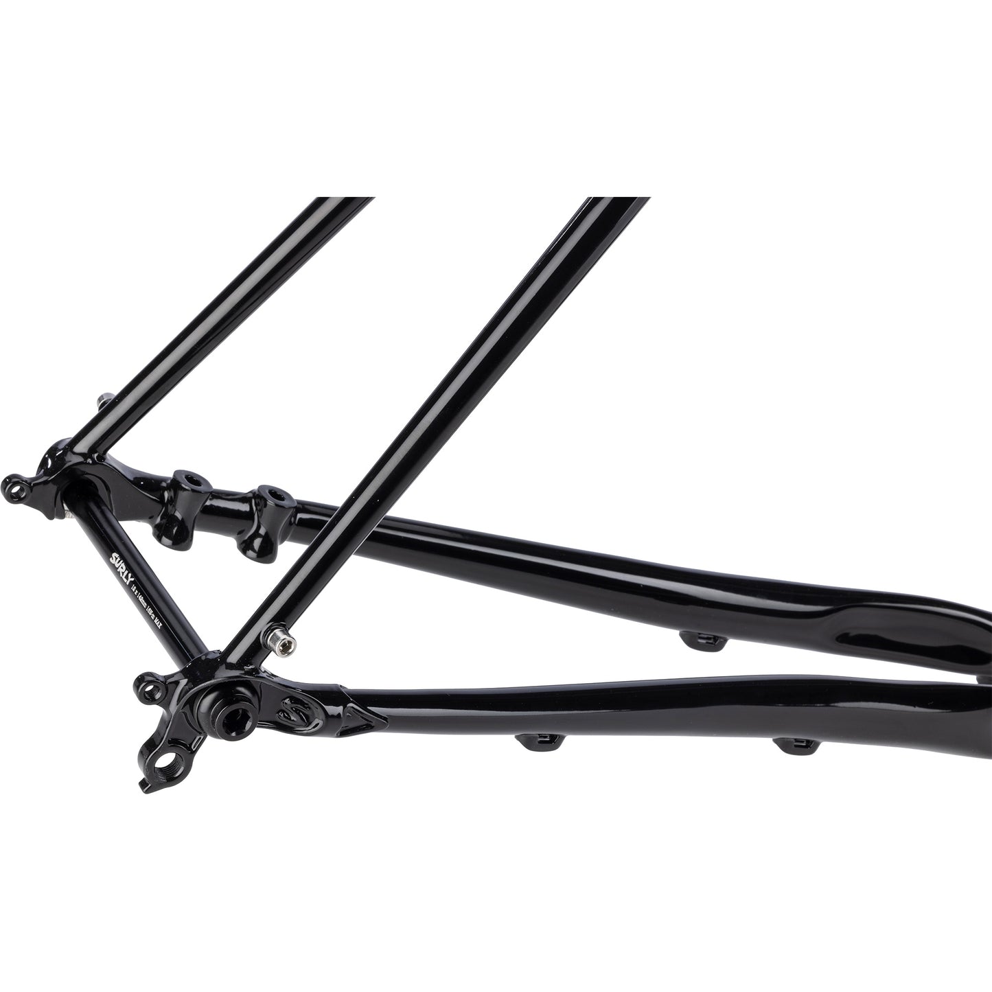 Surly Straggler frameset in black focus on rear thru-axle dropout