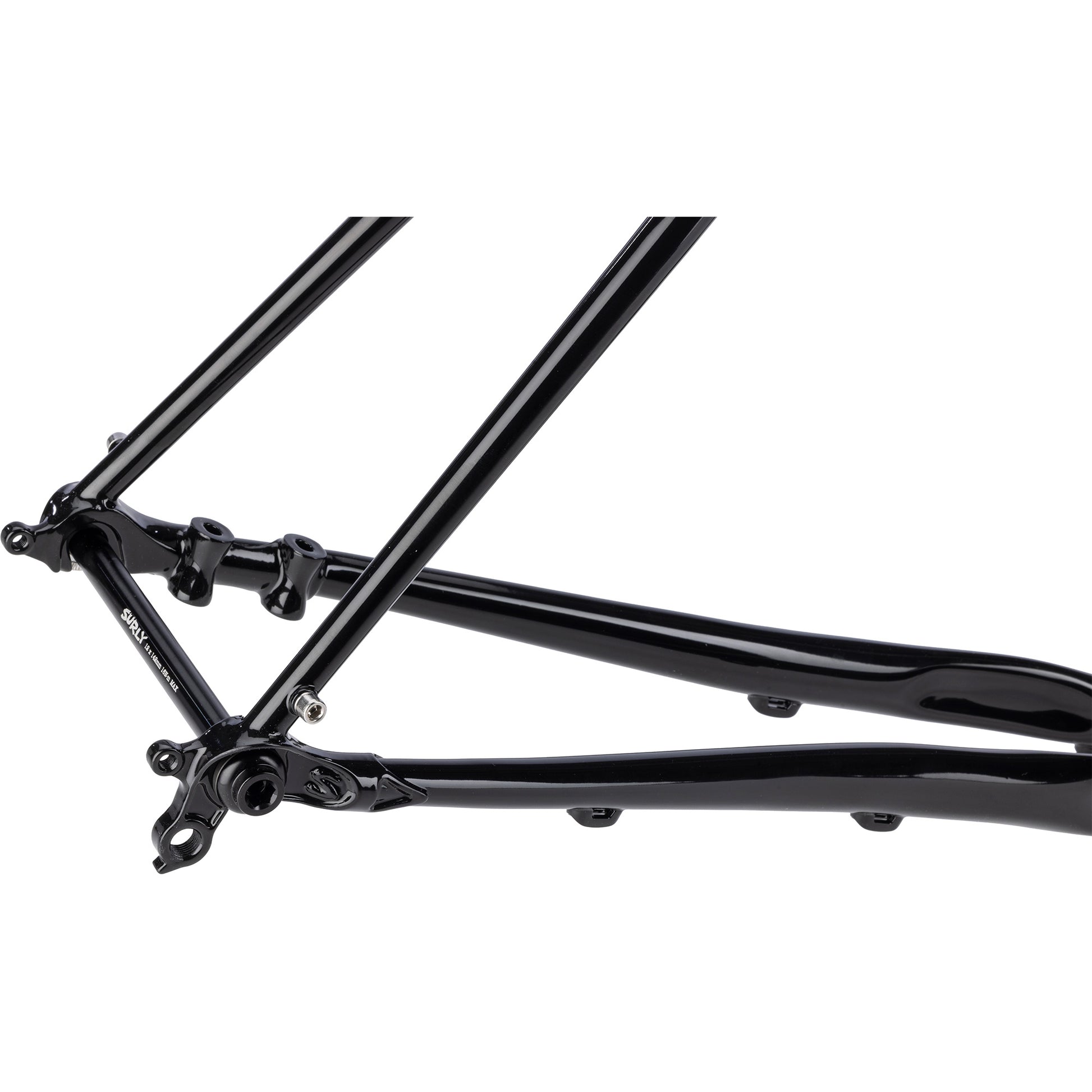 Surly Straggler frameset in black focus on rear thru-axle dropout