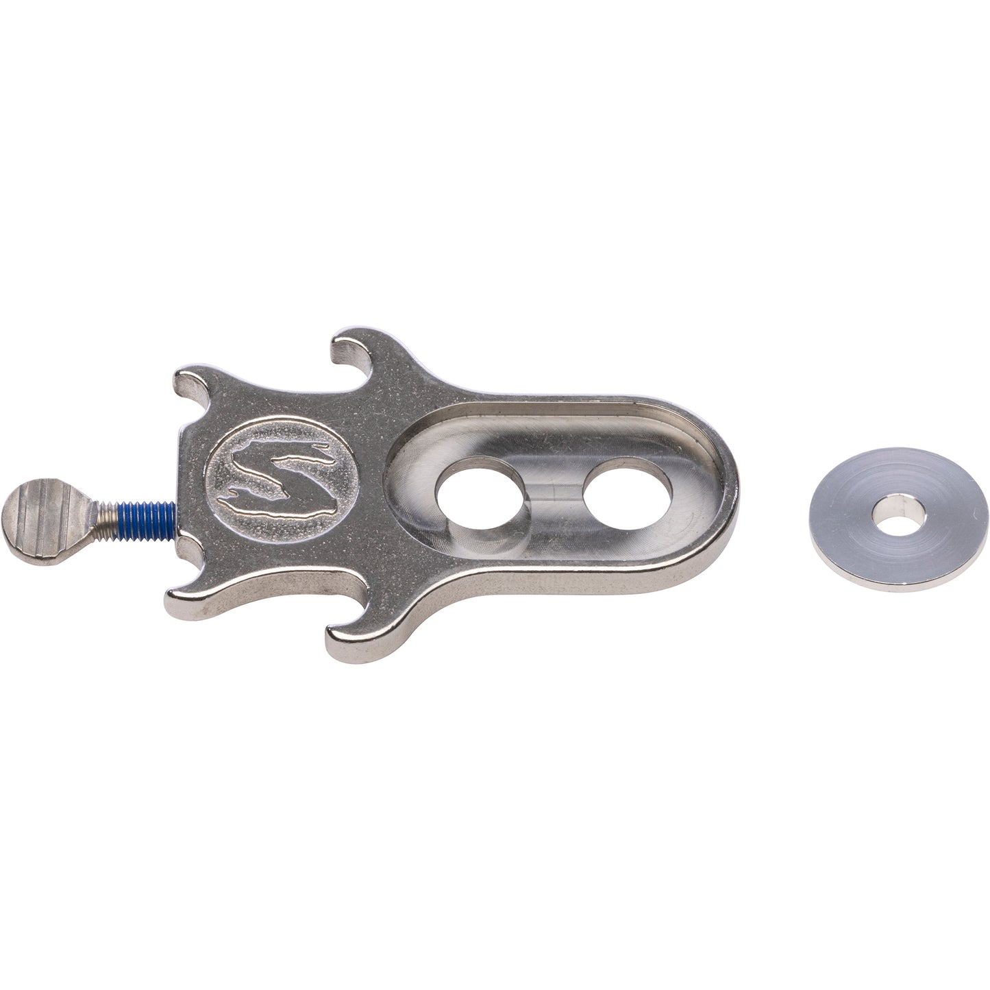 Surly Snuggnut silver chain tensioner with washer on side on white background
