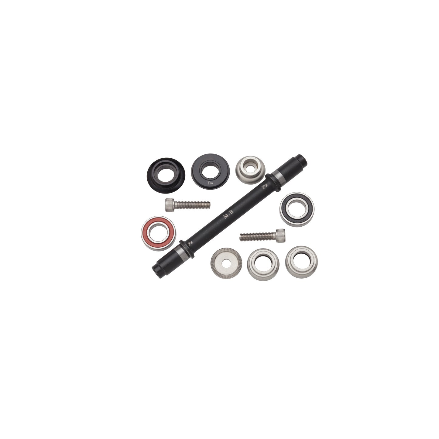 Mechanical components including a black cylindrical rod and various metal bearings on a white background