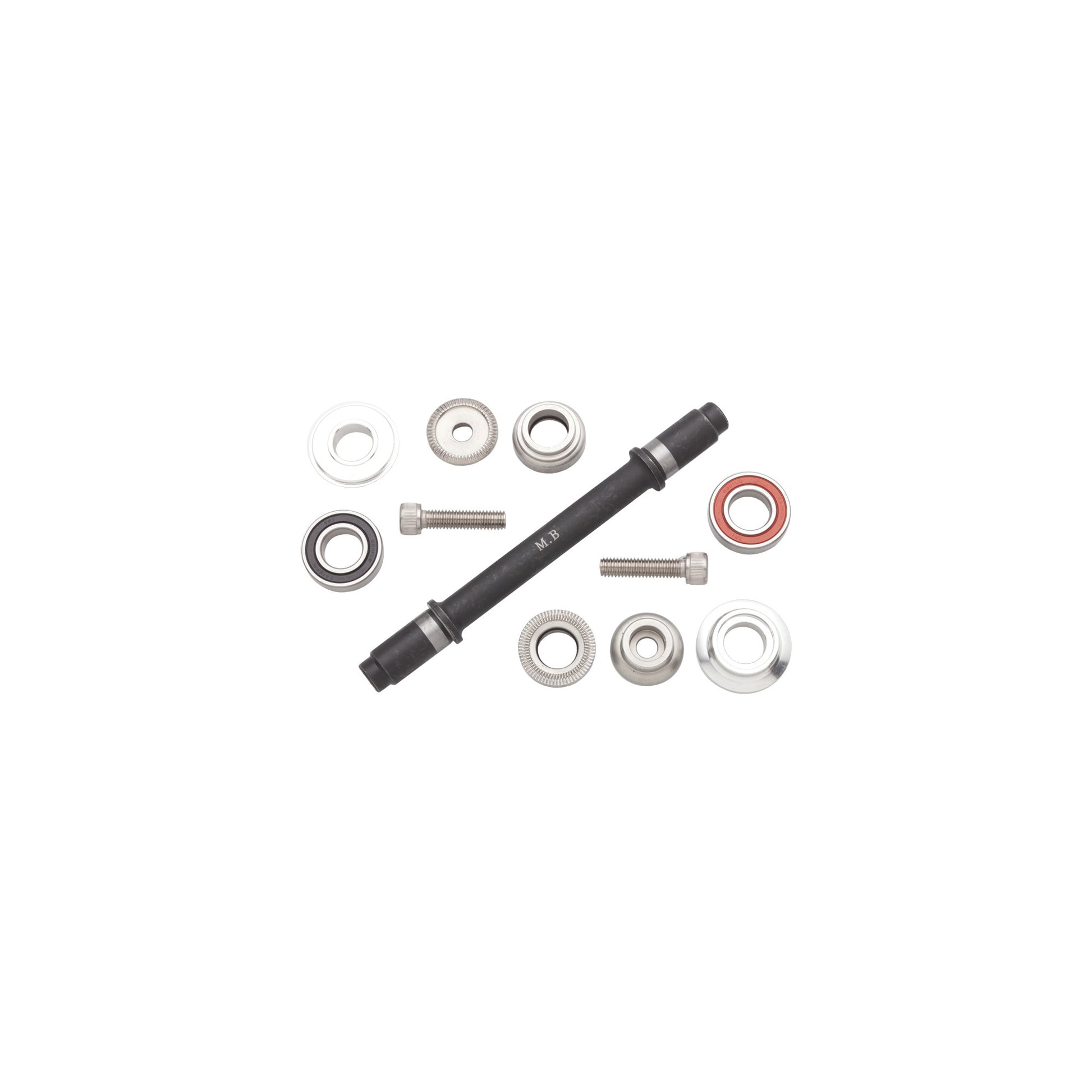 Mechanical parts including a black shaft, bearings, and washers on a white background