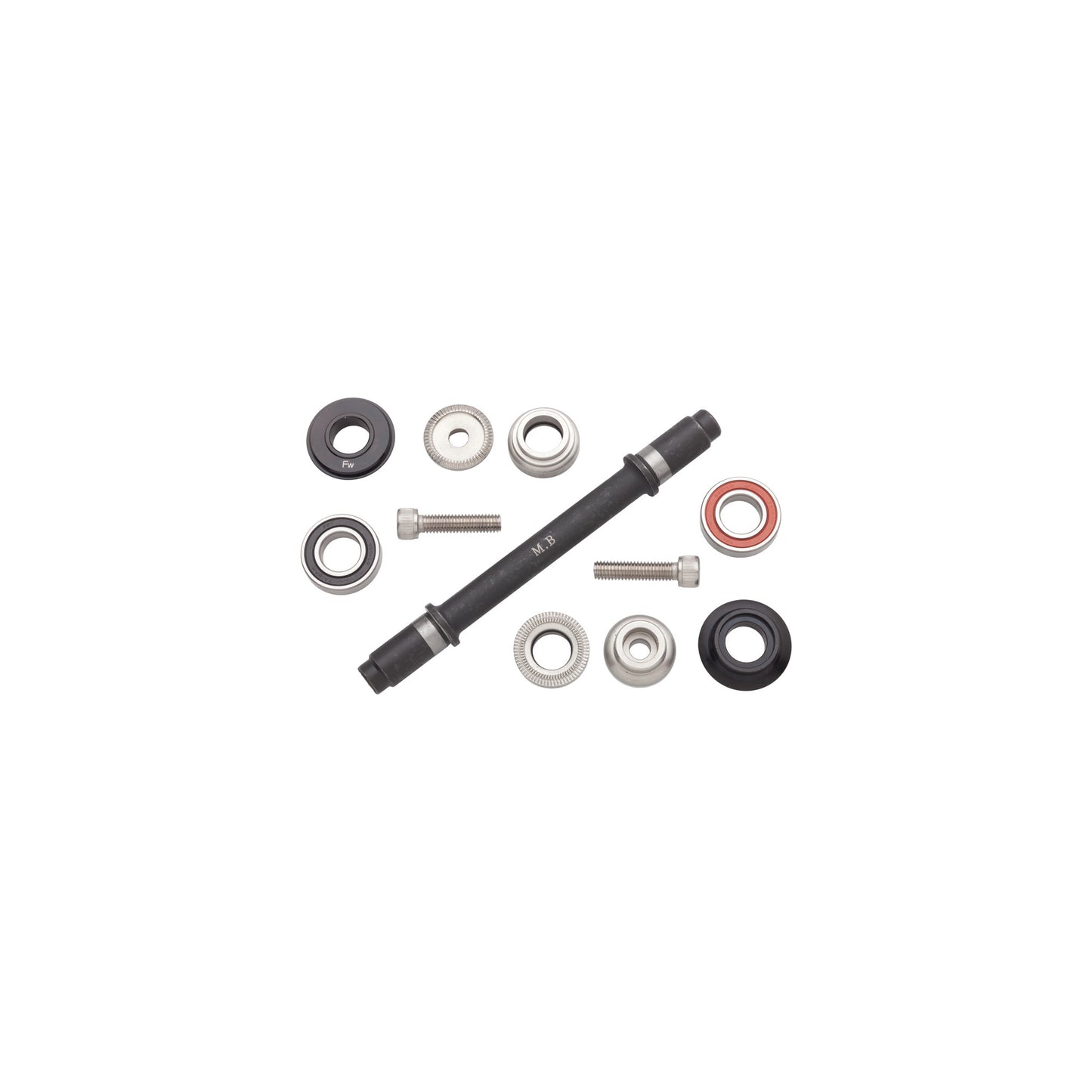 Mechanical components including a black rod, washers, and bolts on a white background