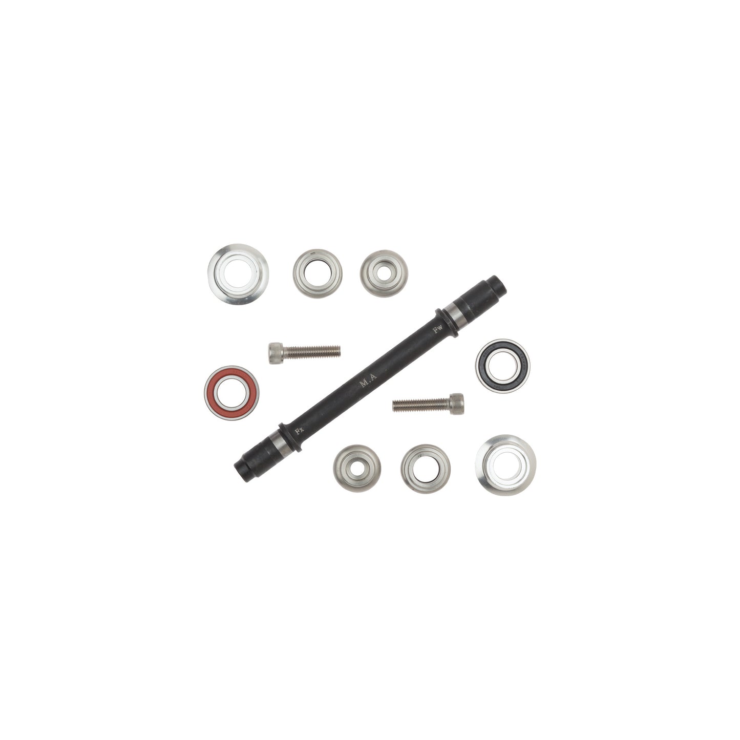 Mechanical parts including a black cylindrical rod with metal washers and bearings on a white background