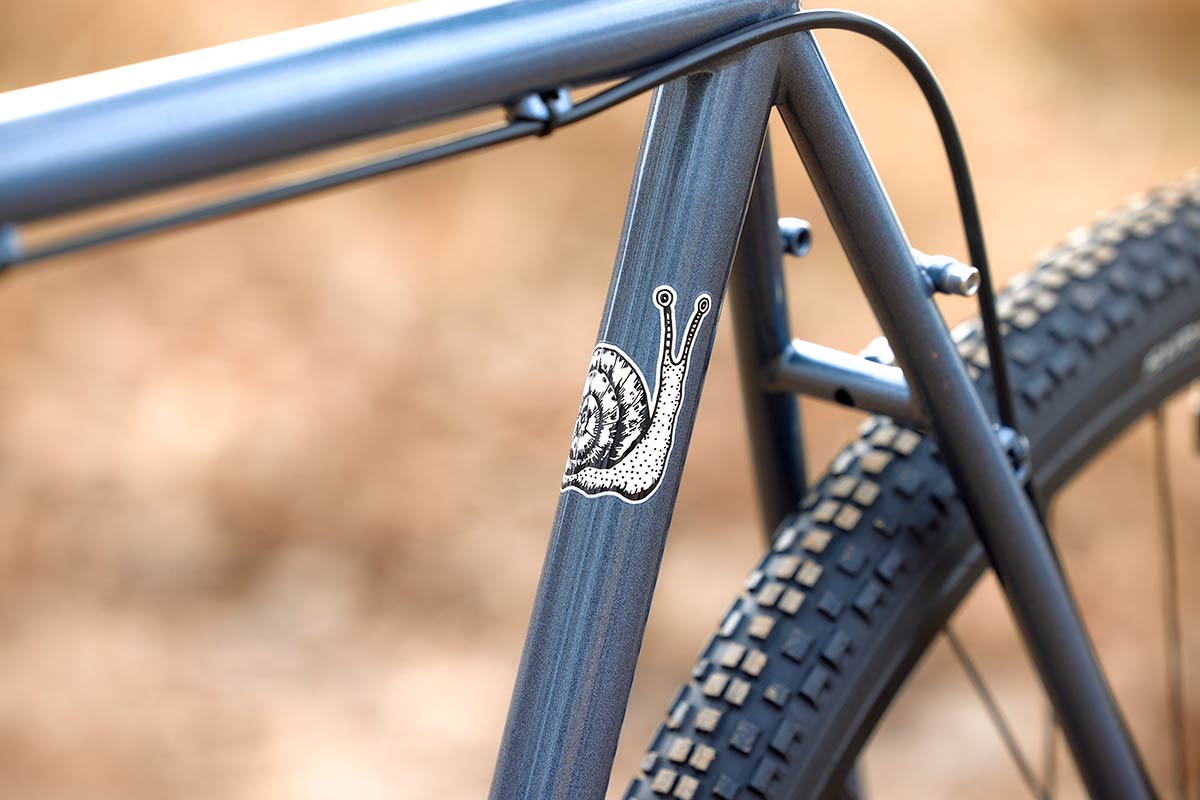 Surly Straggler bike close-up of snail decal on seat tube