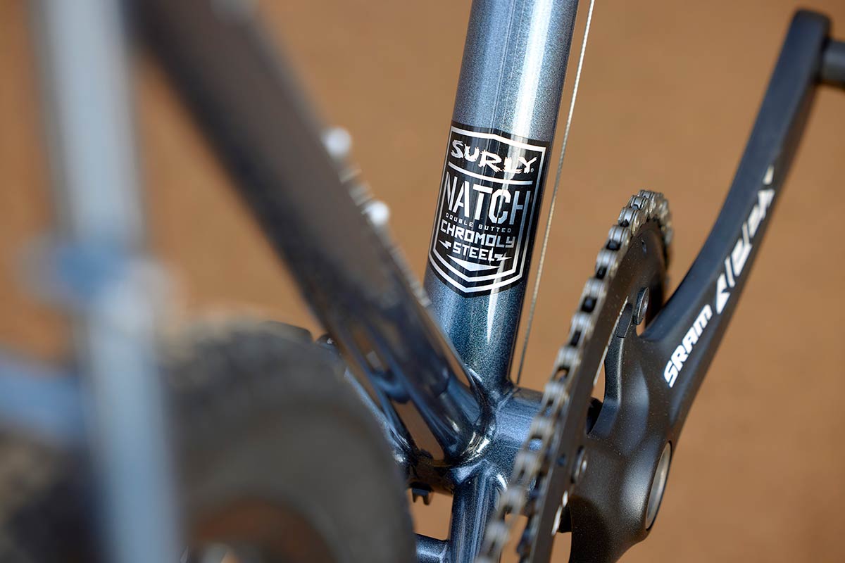 Surly Straggler close-up of Surly Natch Steel decal on down tube next to bottom bracket