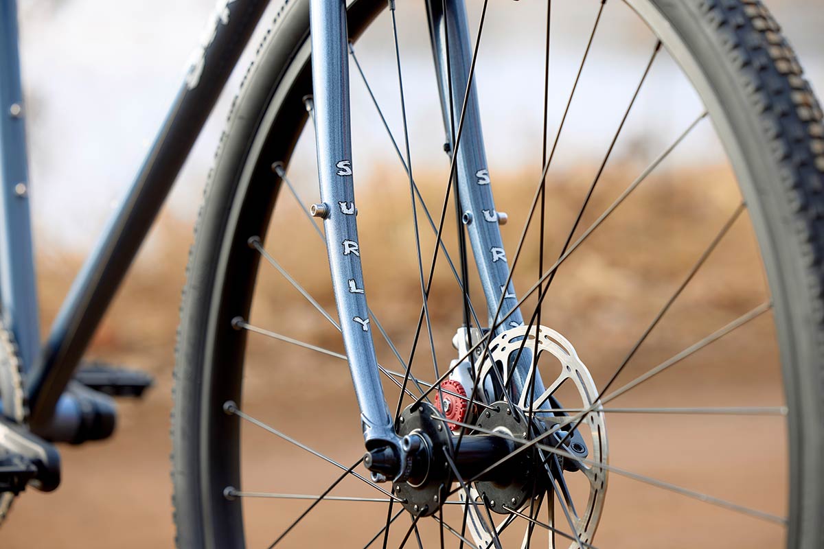 Surly Straggler fork and front wheel detail including hub and disc rotor