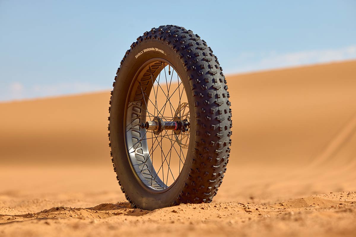 Surly Moonlander fat bike wheel standing up in sand