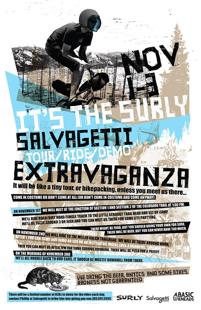 A poster for the Surly Salvagetti Extravaganza - blue & tan graphic shapes, with black & white text