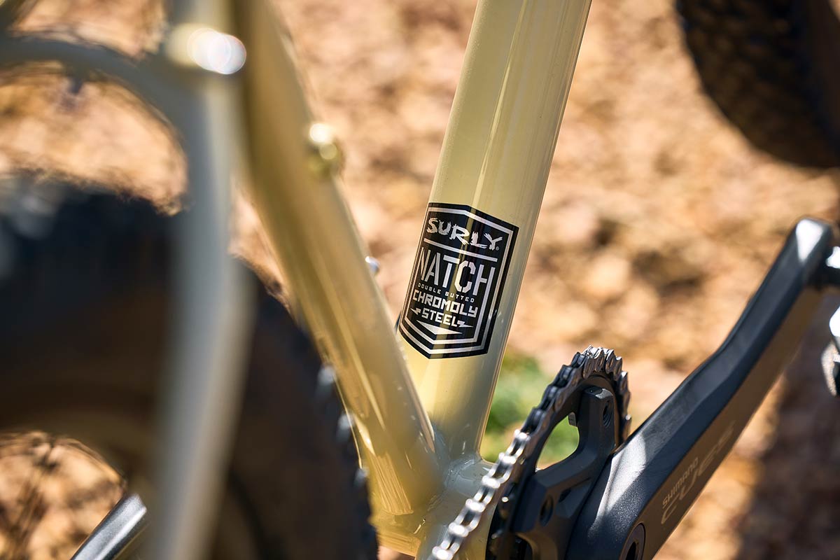 Close-up of Surly Natch Chromoly Steel Tubing decal on downtube near bottom bracket