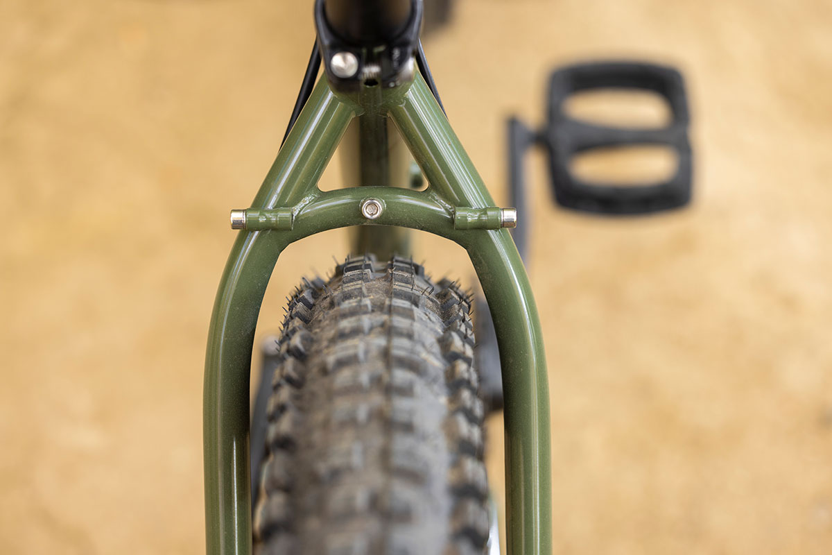 Surly Krampus British Racing Green detail of seat stay and tire clearance view from rear