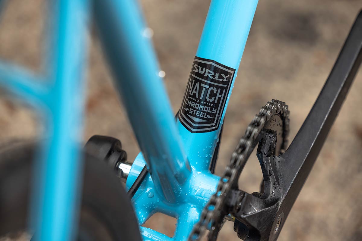 Preamble Flat Bar Skyrim Blue bike, down tube focus showing Surly Natch Chromoly Steel decal