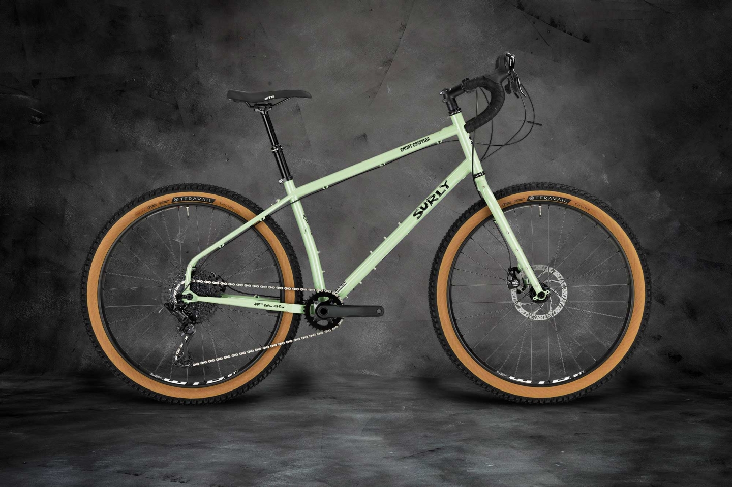 Surly Ghost Grappler complete bike, sage green, side view