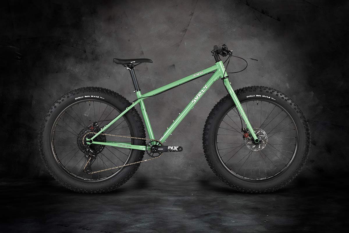 Surly Wednesday Fat Bike side view, Shangri-La Green color on gray background