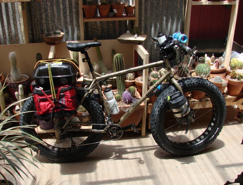 Right side view of a tan Surly Moonlander fat bike with rear packs, parked along a rack with small cactuses on it