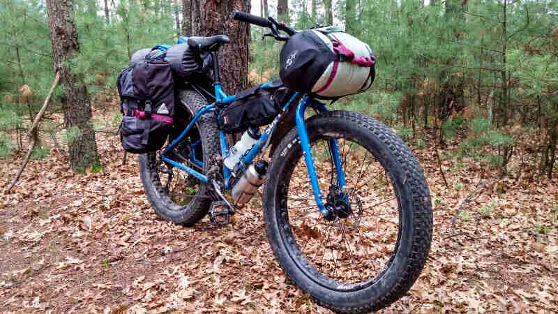 Front right side view of a Surly fat bike, blue, with gear, parked on leaves in a pine forest