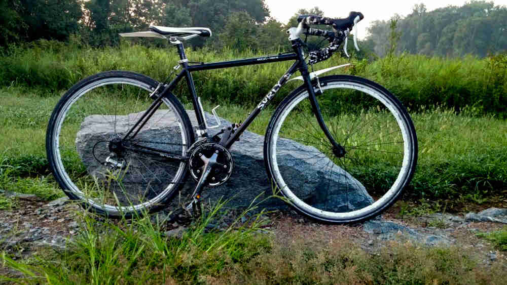 Right side view of a black Surly Cross Check bike, parked against a rock, with a weedy field and trees in the background