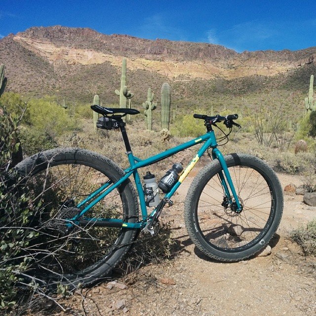 Right side view of a teal Surly Krampus bike, standing in a desert field with cacti, with mountain in the background