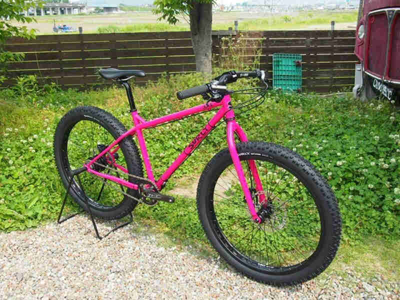 Right side view of a pink Surly 1x1 bike, parked on gravel and grass, in front of a tree, front of bus, and wood fence