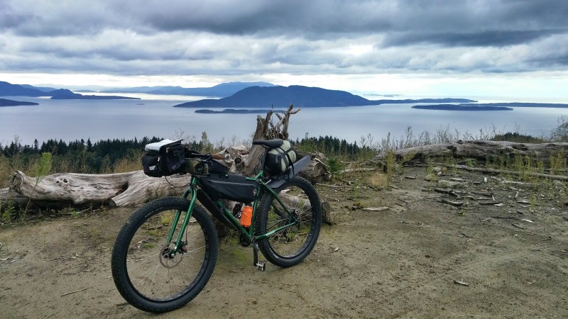 Left view of a green Surly bike with gear, parked on a dirt clearing with logs, and a lake with islands in background