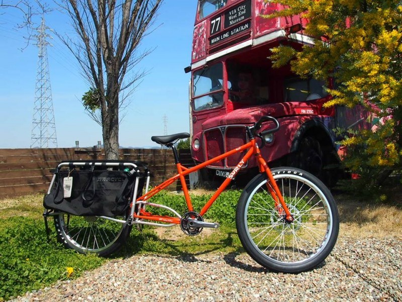 Right side view of a modified, red Surly Troll with a rear rack, in front of a tree, wood fence, and the front of a bus